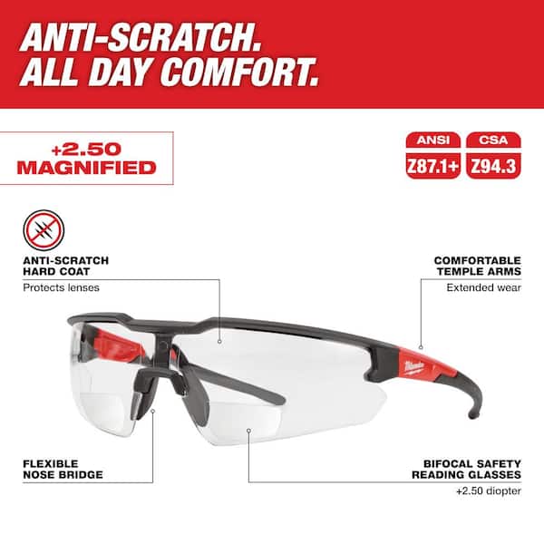 Clear +2.50 Bifocal Safety Glasses Magnified Anti-Scratch Lenses