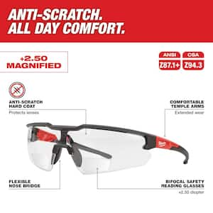 Clear +2.50 Bifocal Safety Glasses Magnified Anti-Scratch Lenses (4-Pack)