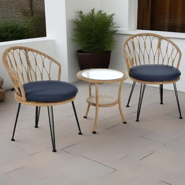 Sudzendf 3-Piece Wicker Rattan Patio Conversation Set with Dark Blue Cushions, Perfectly Suited for Patios, Balconies