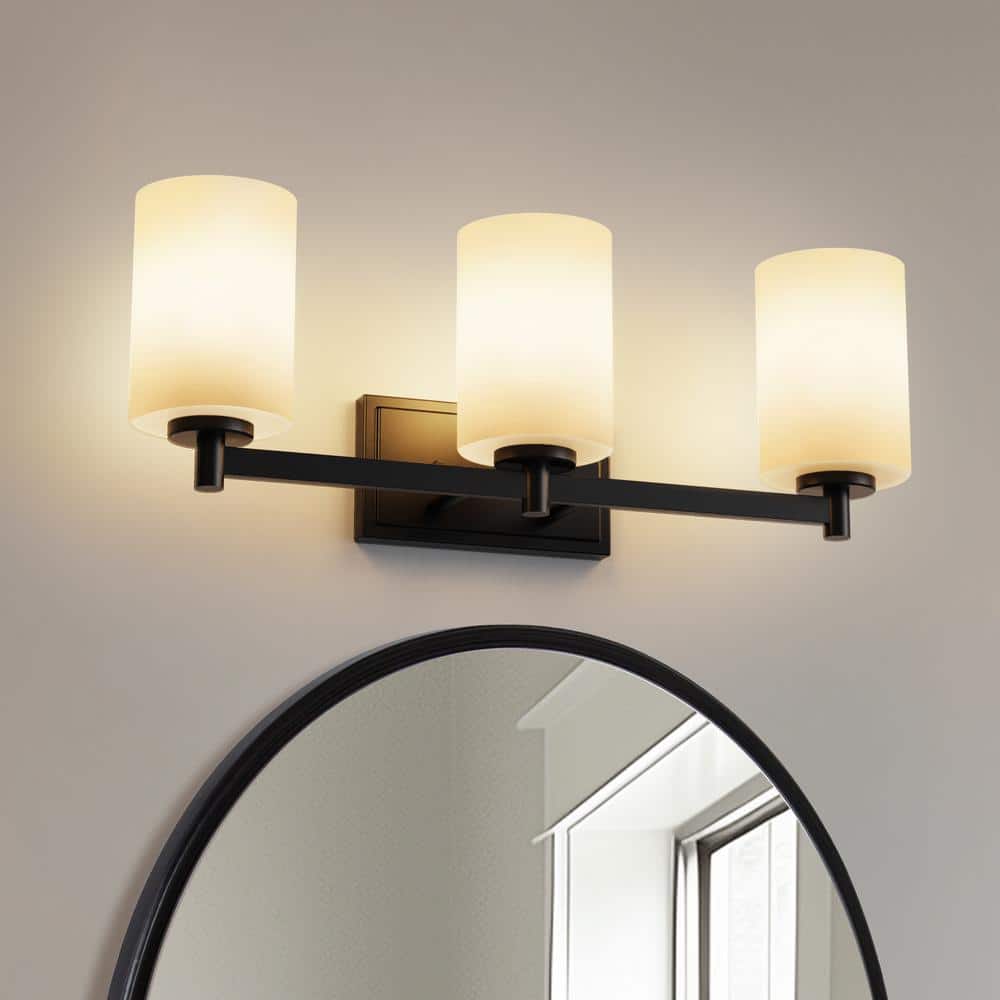 YANSUN 24 in. 3-Light Black Vanity Light with Cylinder Glass Shades for ...