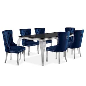 Billinghurst 7-Piece Rectangle Glass Top Black and Blue Dining Table Set