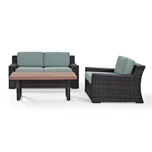 Beaufort 3-Piece Wicker Patio Outdoor Seating Set with Mist Cushion - Loveseat, Chair, Coffee Table