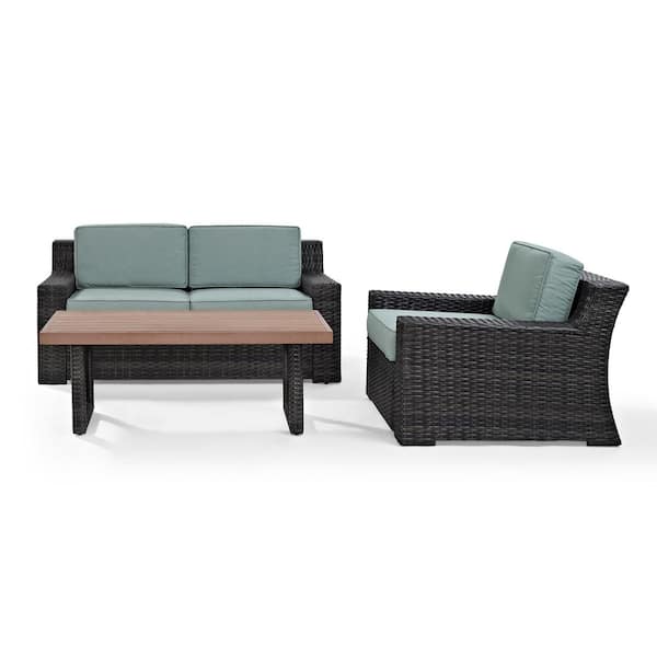 CROSLEY FURNITURE Beaufort 3-Piece Wicker Patio Outdoor Seating Set with Mist Cushion - Loveseat, Chair, Coffee Table