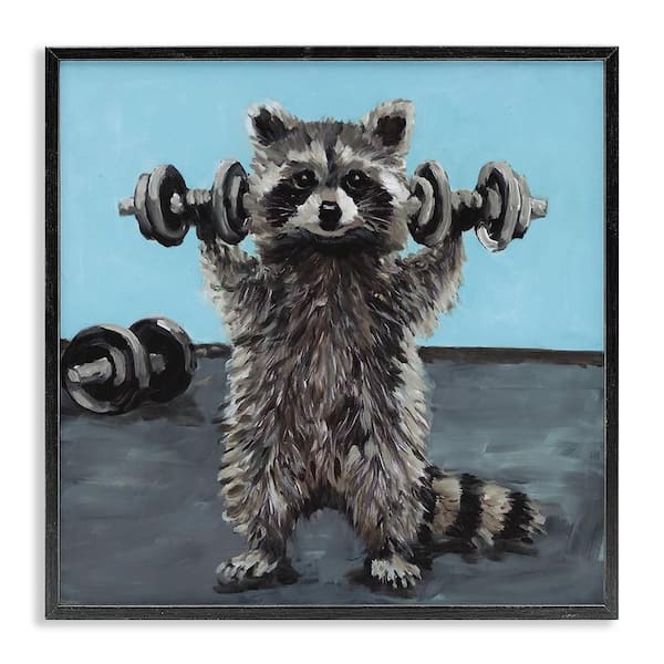 Fitness Raccoon with Weights by Studio Bautista Black Framed Giclee Animal Art Print 24 in. x 24 in.
