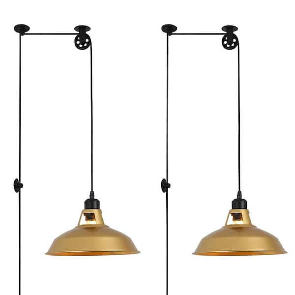 10.6 in. 2 Lights Plug in Pendant Light with Gold Metal Shade and Switch, Industrial Adjustable Height Chandelier
