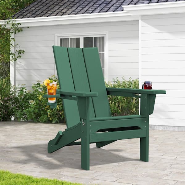 Classic Dark Green Folding Plastic Adirondack Chair with Double Cup Holder
