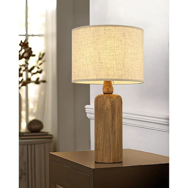 ALOA DECOR 22 in. Farmhouse Table Lamp with Honey Brown Natural Wood Base Classic Beige Fabric Drum Shade Traditional Desk Lamp