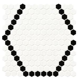 Retro Brick White and Black Hive Pattern 12 in. x 12 in. Matte Porcelain Mosaic Tile (14.55 sq. ft./Case)