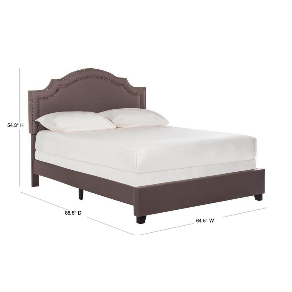 Elegant Gray Linen Queen Platform Bed with Brass Nailhead Trim