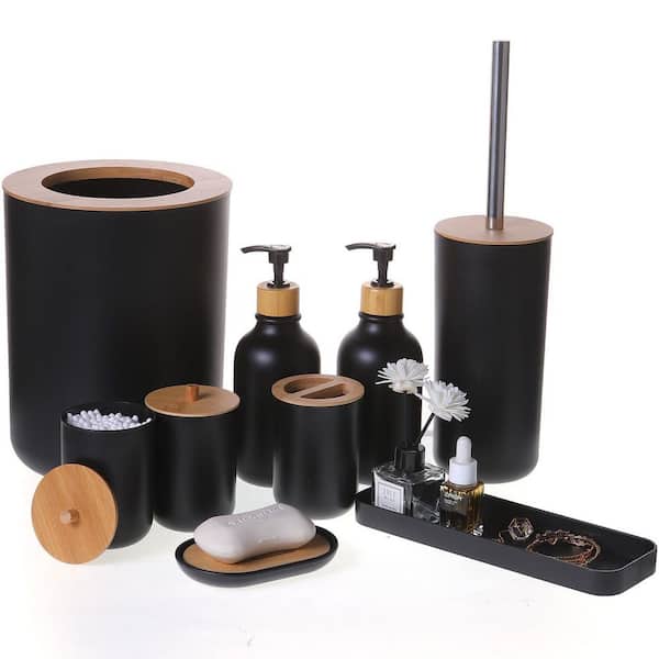 9-Piece Bathroom Accessory Set with Trash Can, Soap Dispenser and Dish, Toothbrush Holder, Toilet Brush, Tray in Black