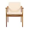Single teak outdoor chair with beige cushion.