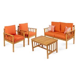Everly 4-Piece Cottage Acacia Wood Outdoor Patio Set and Tropical Decorative Pillows, Orange/Teak Brown Cushions