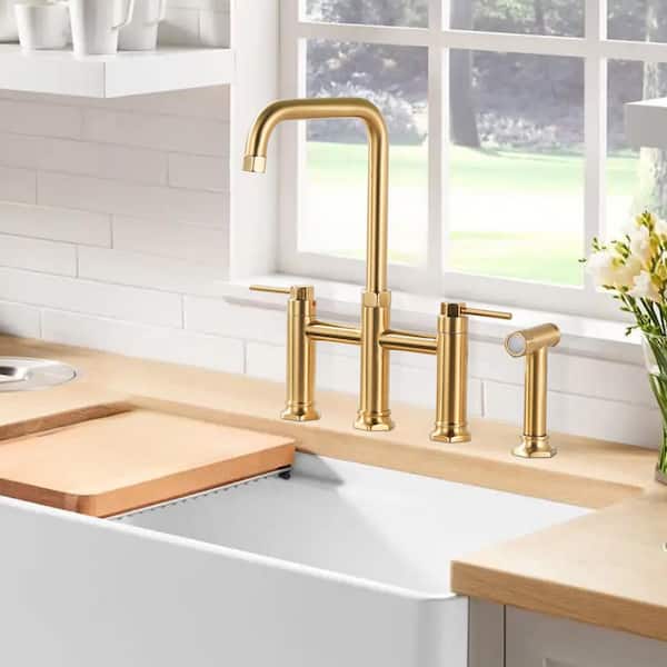 8 in. Double Handle Bridge Kitchen Faucet with Pull-Out Sprayer in Gold