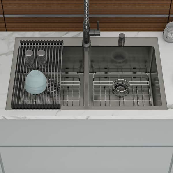 33 in. Drop-In Double Bowl(50/50) 16 Gauge Gunmetal Black Stainless Steel Kitchen Sink with Bottom Grids