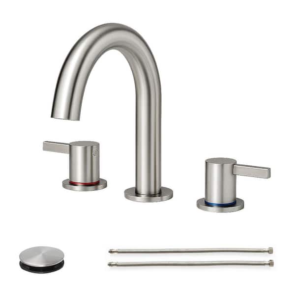 Abdera 8 in. Widespread Double Handle Bathroom Sink Faucet with 360° Swivel Nozzle and Pop-Up Drain in Brushed Nickel