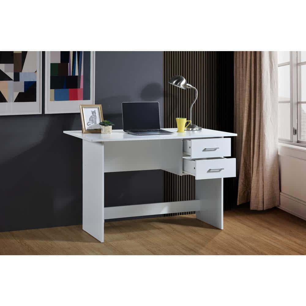 White Engineered Wood Writing Desk with Two Drawers
