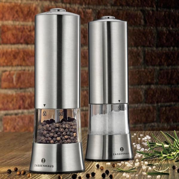 Black Electric Salt and Pepper Grinder Set with Metal and Wood Stand