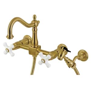 Heritage 2-Handle Wall Mount Kitchen Faucets with Brass Sprayer in Brushed Brass