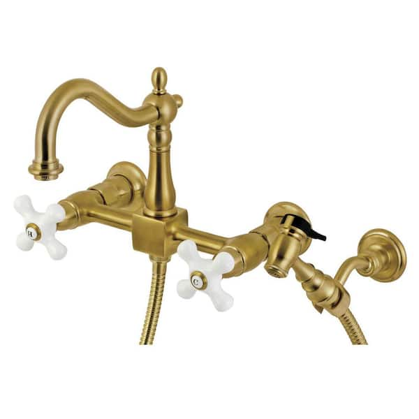 Kingston Brass Heritage 2-Handle Wall Mount Kitchen Faucets with Brass ...