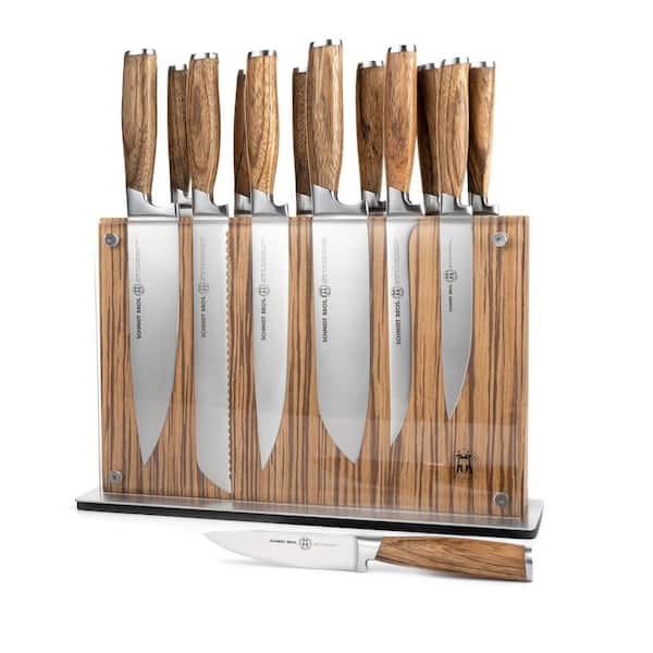 SCHMIDT BROS. 15-Piece Stainless Steel Cutlery Zebra Wood Set with Zebra Downtown Knife Block