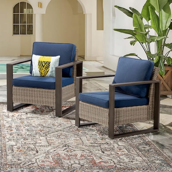 Brown Wicker Outdoor Lounge Chair with Dark Blue Cushions (2-Pack)