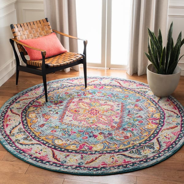 Phoenix Turquoise/Beige 7 ft. x 7 ft. Round Border Area Rug