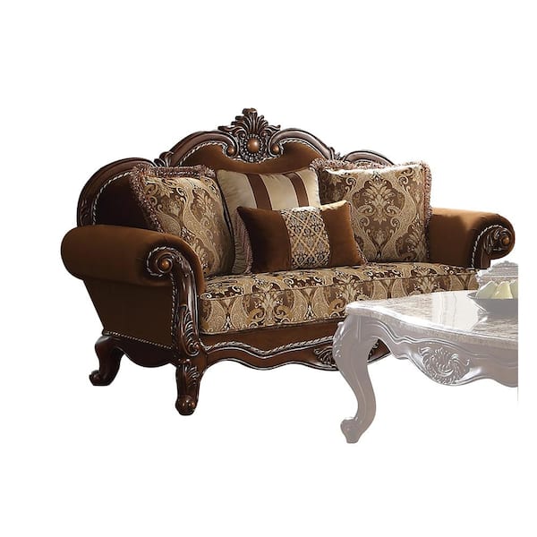 Acme Furniture Jardena 37 in. Pattern Fabric and Cherry Oak Finish Pattern Linen 2-Seat Loveseat
