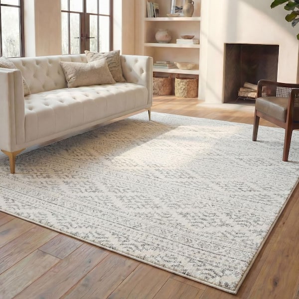 Tulum Ivory/Gray 9 ft. x 12 ft. Striped Tribal Geometric Area Rug