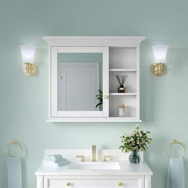 ANGELES HOME 36 in. W x 30 in. H Rectangular Solid Wood Frame Bathroom Medicine Cabinet with Mirror