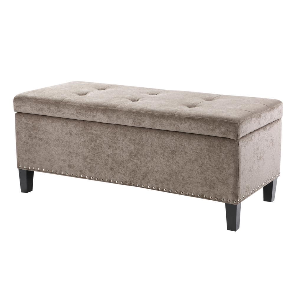 Taupe Tufted Storage Bench with Nailhead Trim and Black Wood Legs