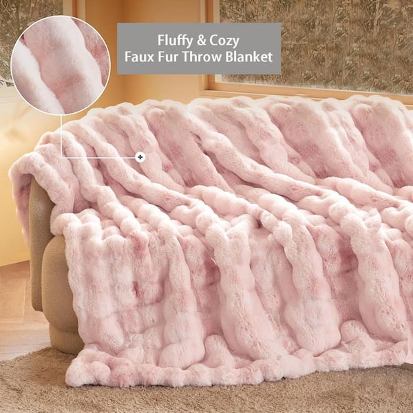 GHOUSE ILTB Pink Faux Rabbit Fur 60 in. x 80 in. Shag Plush Throw