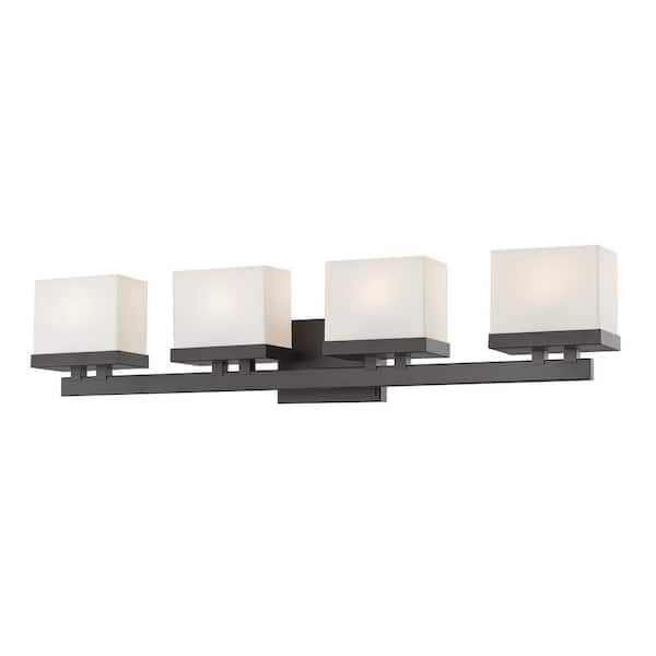Unbranded Rivulet 31.38 in. 4-Light Bronze Integrated LED Shaded Vanity Light with Matte Opal Glass Shade