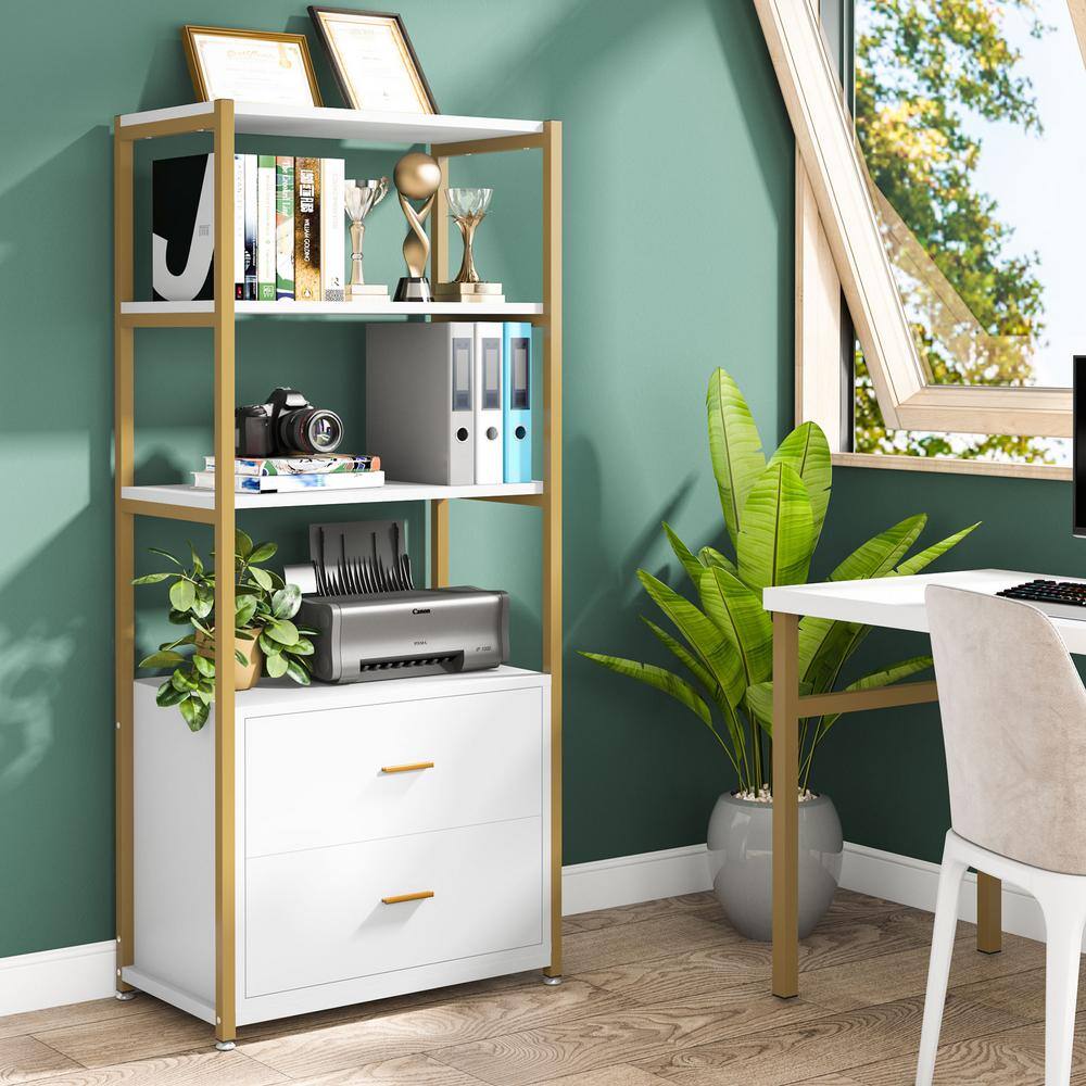 White and Gold 4-Tier Baker's Rack with Drawers