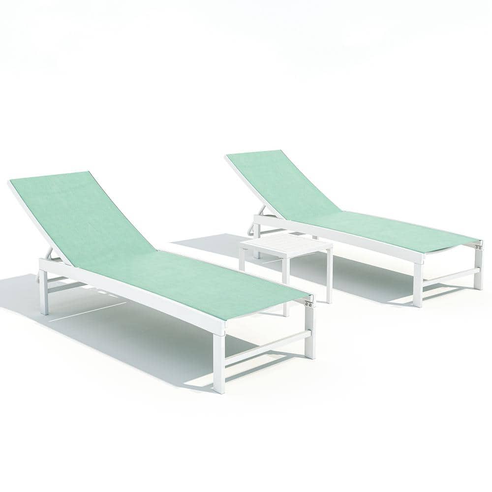 Green Aluminum Outdoor Chaise Lounge Chairs with Table Set