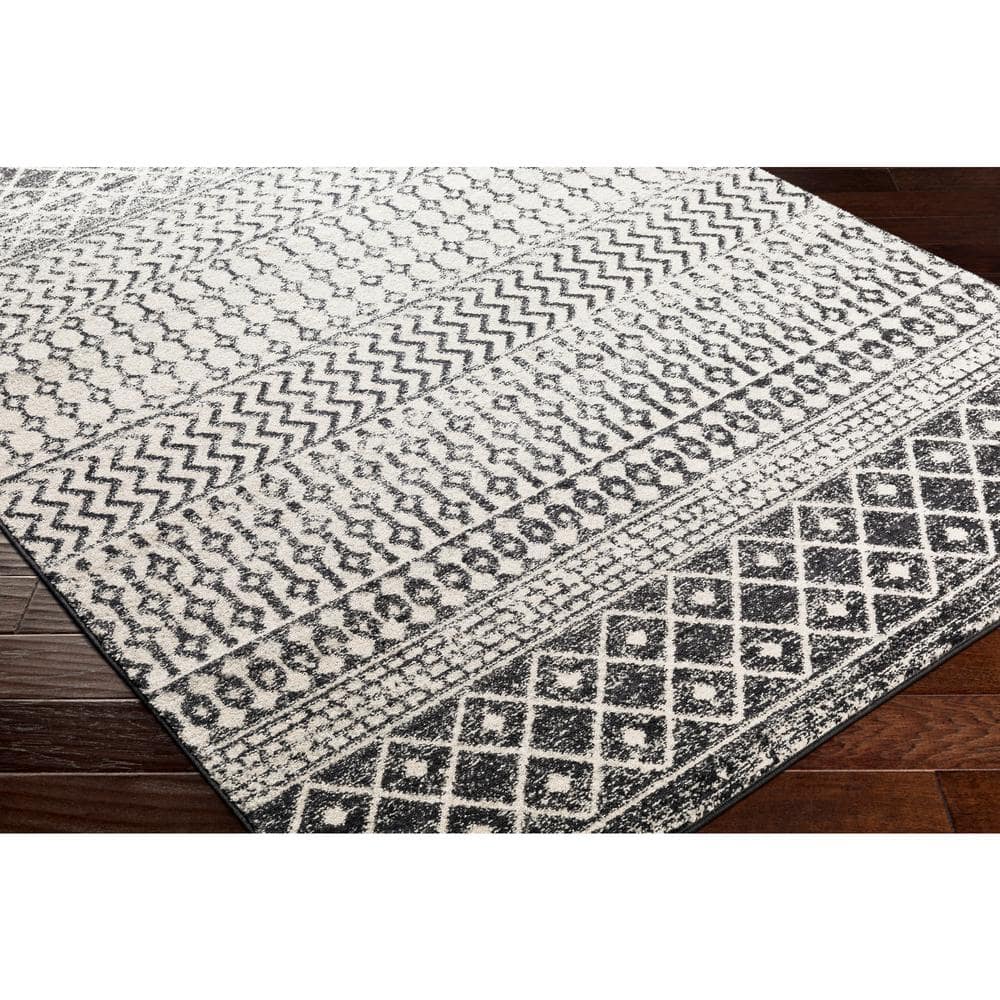 Elaziz Black and White Moroccan Geometric Area Rug, 6'7" x 9'
