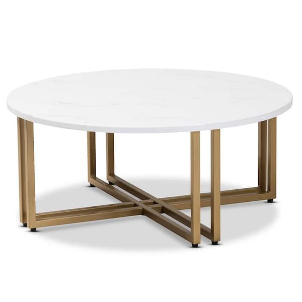 Baxton Studio Maeve 32 in. White/Gold Medium Round Marble Coffee Table
