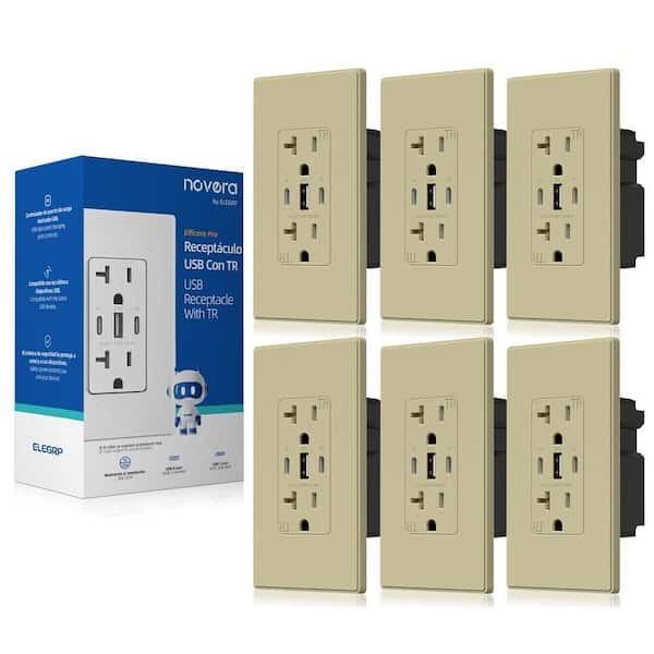 30W 6.0 Amp 3-Port USB Wall Outlet 20A Duplex Receptacle with Dual Type C and A Ports w/ Wall Plate, Matte Ivory 6-Piece