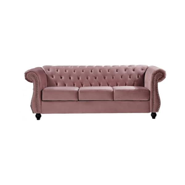 US Pride Furniture Feinstein 82.6 in. Rolled Arm Velvet Straight 3-Seater Sofa in Pink