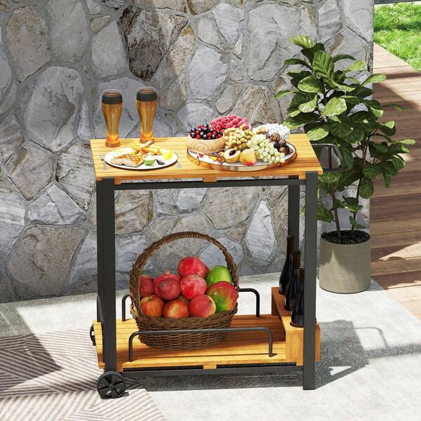 Outsunny Acacia Wood Outdoor Bar Cart, Rolling 2-Tier Outdoor