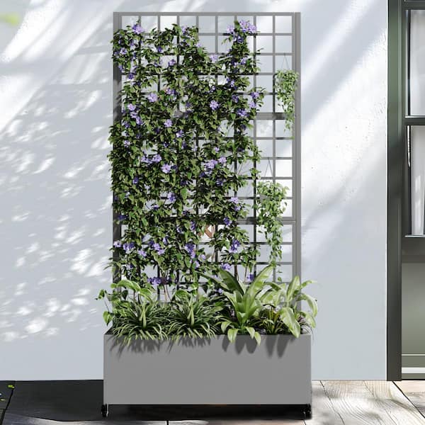 Dovelina 71 in. H Metal Gray Rectangle Pots and Planter Raised Bed Box with Trellis for Vine Climbing Plants and Vegetable Flower
