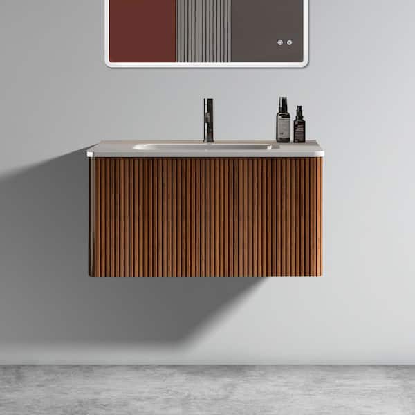 Aaby 30 in. W x 18 in. D x 15 in. H Wall Mounted Floating Bath Vanity Cabinet in Brown with White Ceramic Top and Sink