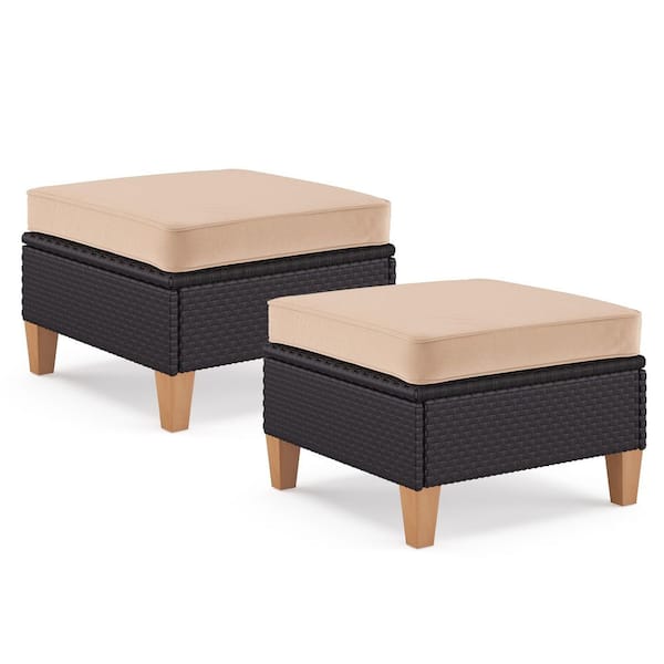 2 Piece Wicker Outdoor Patio Ottoman Sectional Sofa Set with Beige Cushions