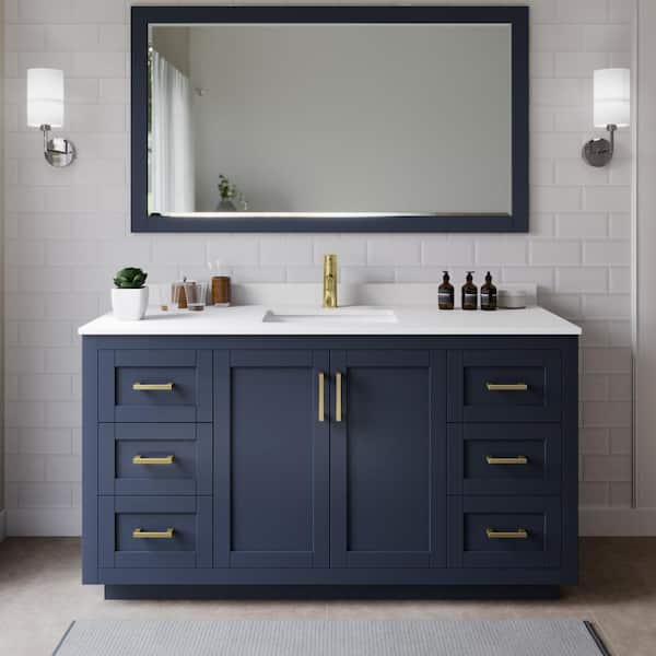 Wyndham Collection Miranda 66 in. W x 22 in. D x 33.75 in. H Single Sink Bath Vanity in Dark Blue with White Cultured Marble Top and Mirror