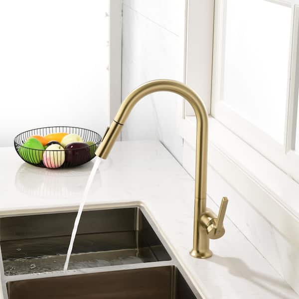 Single Handle Pull Down Sprayer 17 in. H Faucet with 360° Swivel Faucet Pull Down Sprayer in Brushed Gold