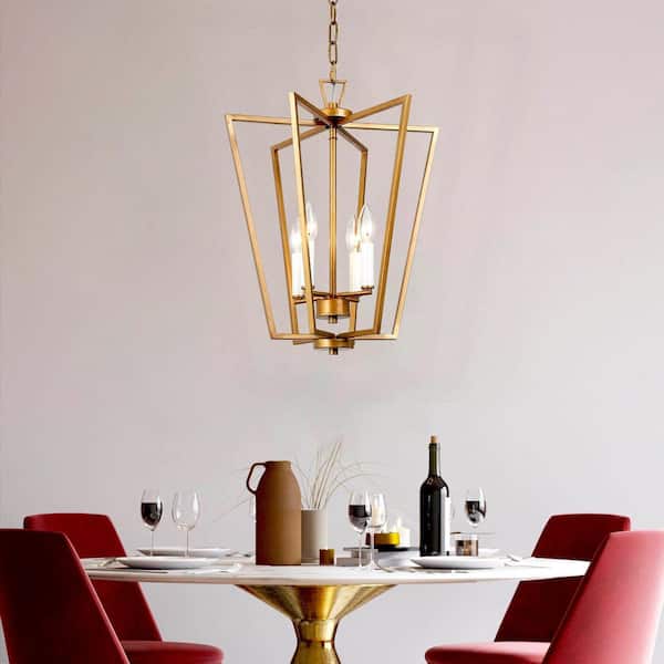 Antique Gold Rectangle Chandelier Light, Quinn 4-Light Modern Geometric Chandelier