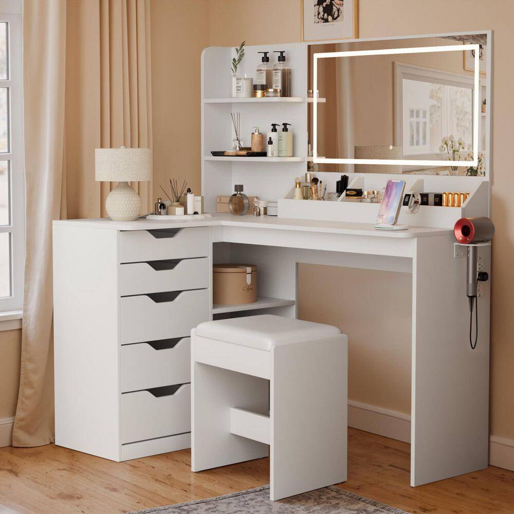 Corner Makeup Vanity Set with Lights and Mirror, 47" L Shaped Vanity Set with Cushioned Stool, White