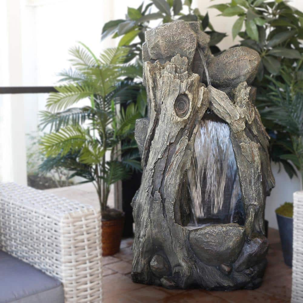52" Taupe Resin Waterfall Tree Trunk Fountain with LED Lights
