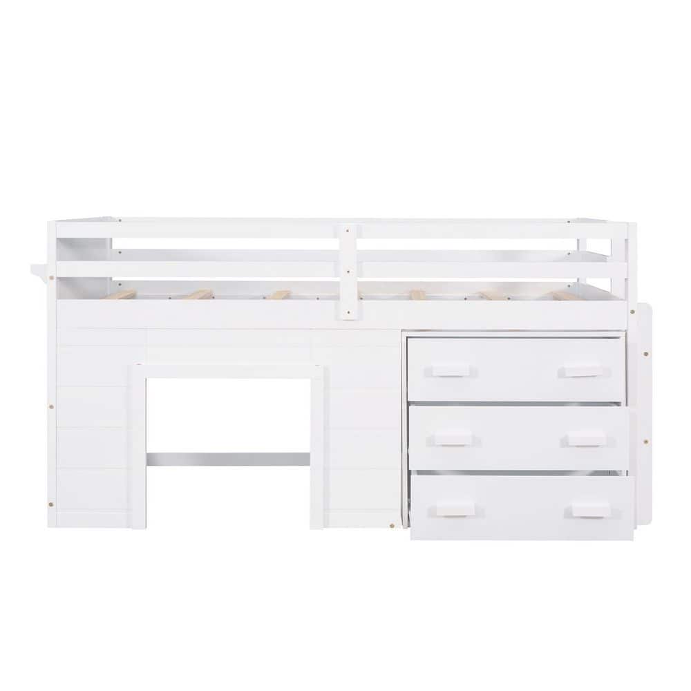 White Twin Size Pine Loft Bed with Storage Drawers