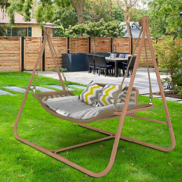 Outdoor and Indoor Wood Patio Swing Oversized Hammock Swing Chair with Stand Anti Rust Wood Colored Frame with Cushion BN4152 The Home Depot