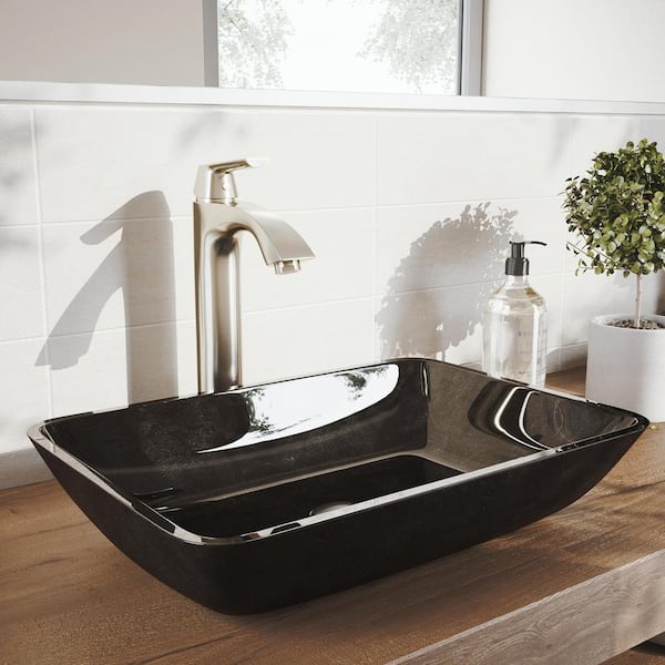 VIGO Glass Rectangular Vessel Bathroom Sink in Onyx Gray with Linus Faucet and Pop-Up Drain in Brushed Nickel